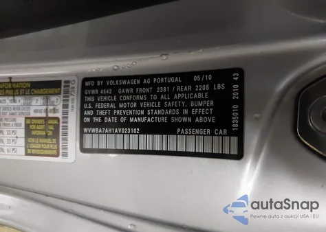 2010 Volkswagen Eos Komfort from USA, damaged, VIN WVWBA7AH1AV023102
